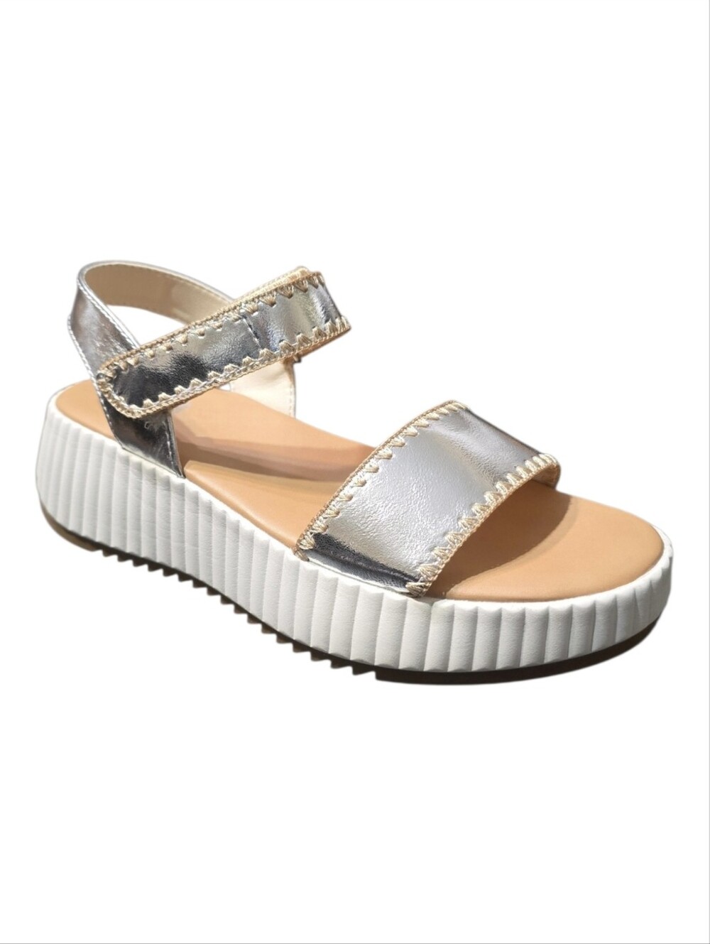 DV Dolce Vita Frenchi Metallic Silver Platform Sandals - Size 8 Hook & Loop NIB